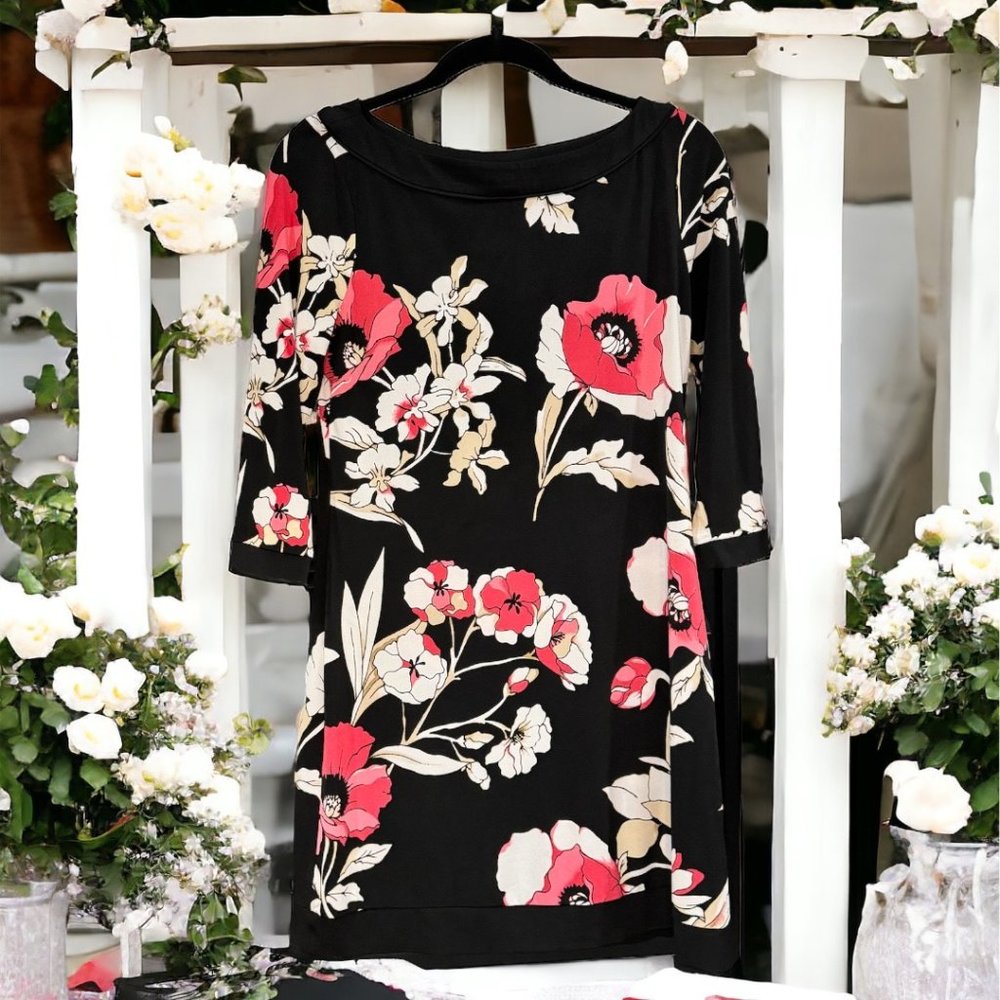 White House Black Market Dress with Floral Prints on a Black background